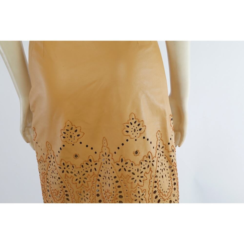 Vintage Oscar de la Renta Tan Leather Laser Cut Eyelet Paisley Pencil Skirt Sz 2 - Picture 9 of 12
